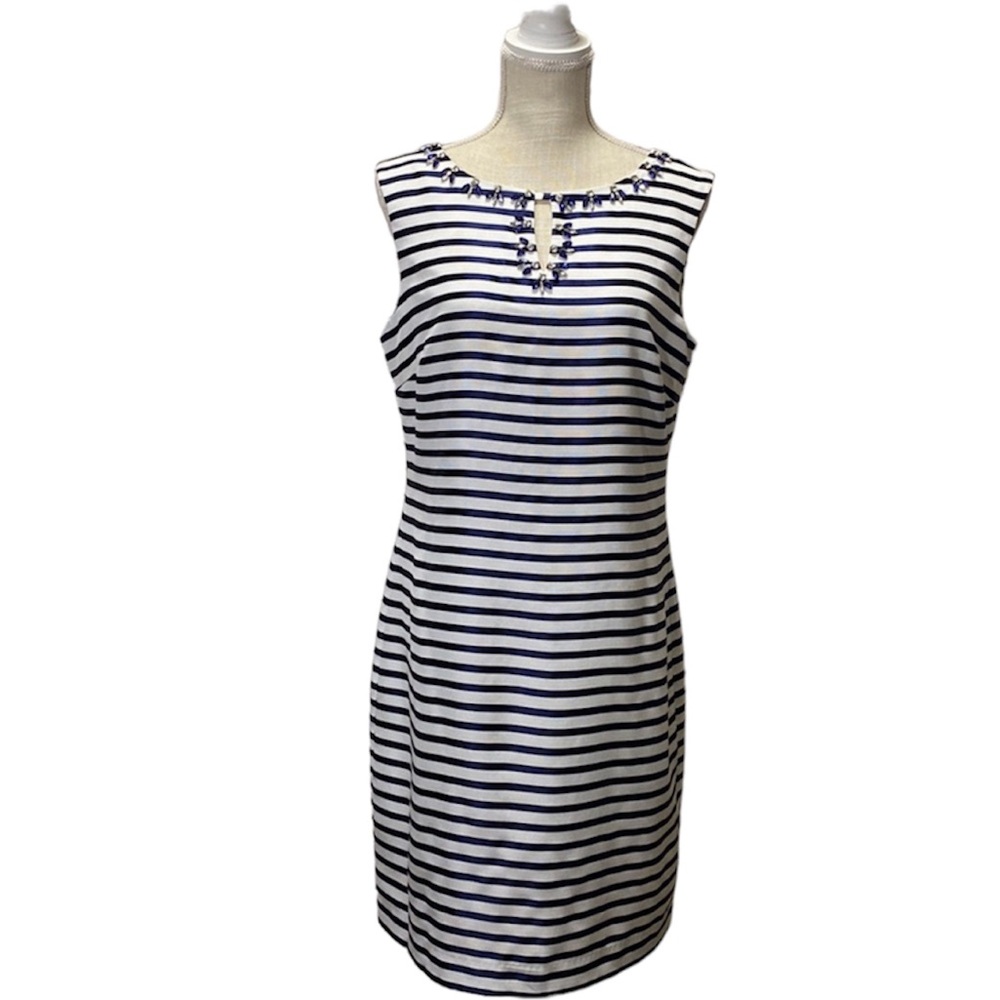 Ellen Tracy Striped Sheath Navy Blur and White Sleeveless Jeweled Neck Line
